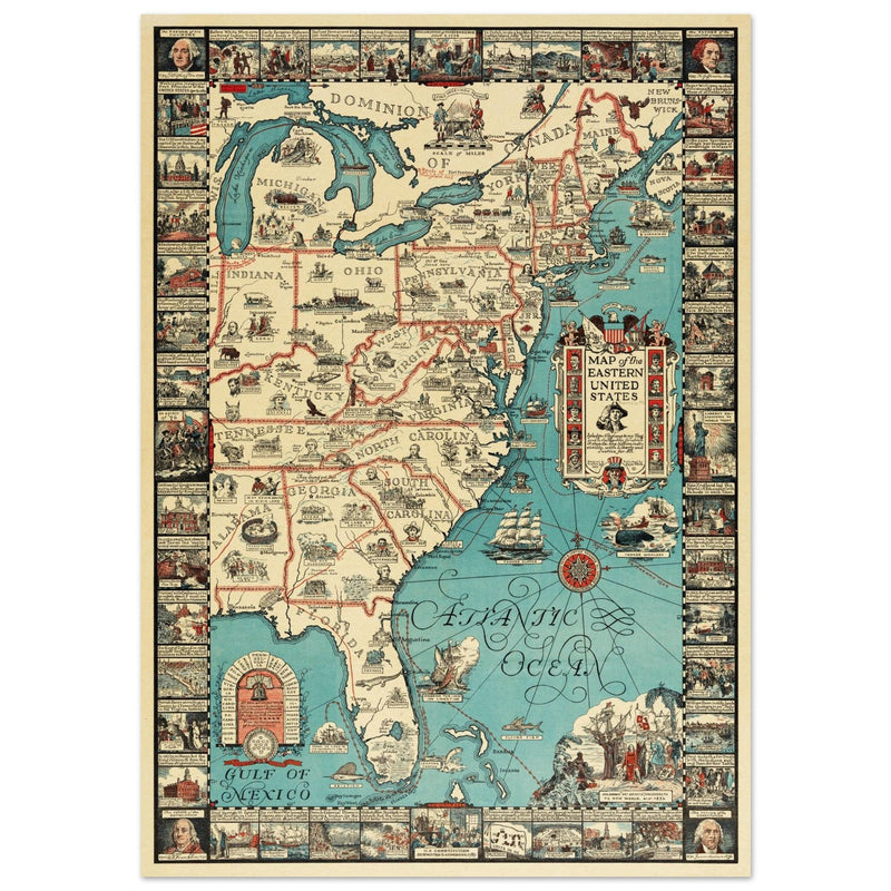 Vintage pictorical map of Map of the Eastern United States by Griswold Tyng. History of the USA.