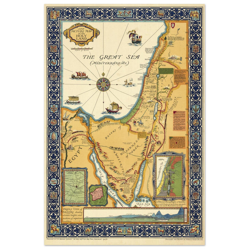 The Picture Map of the Holy Land by Harold Haven Brown . Biblical Palestine vintage map.