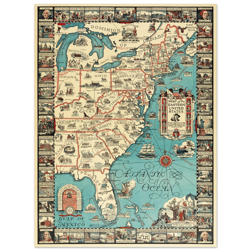 Vintage pictorical map of Map of the Eastern United States by Griswold Tyng. History of the USA.
