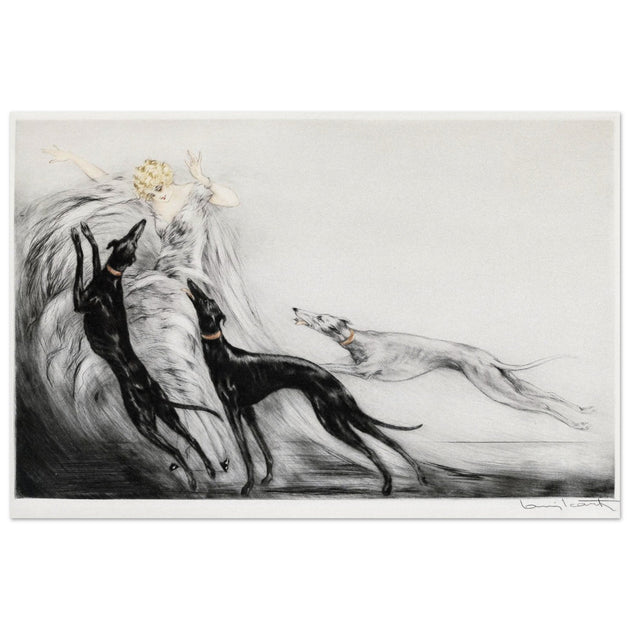 Louis Icart Coursing II - Young Woman with Greyhounds
