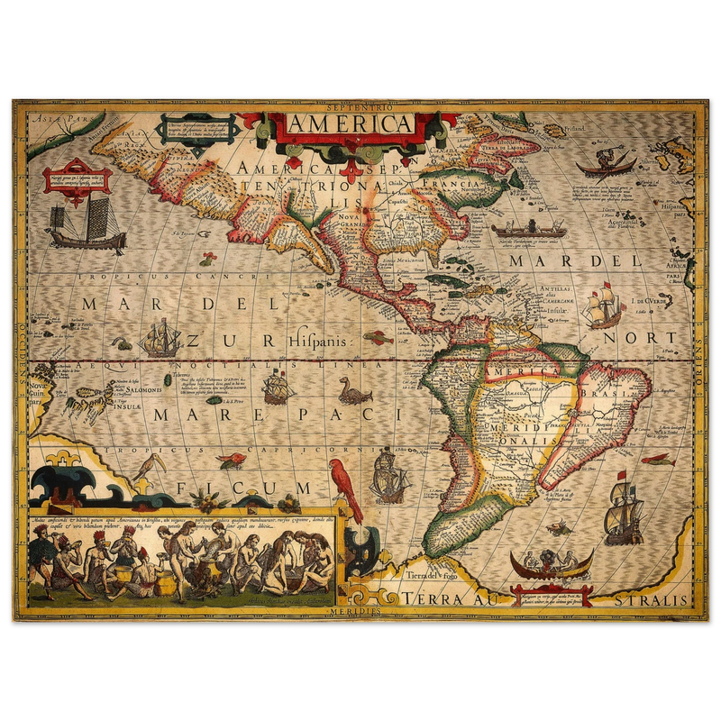 America old map print. Poster reproduction of the american continent year 1630 by Hendrik Hondius