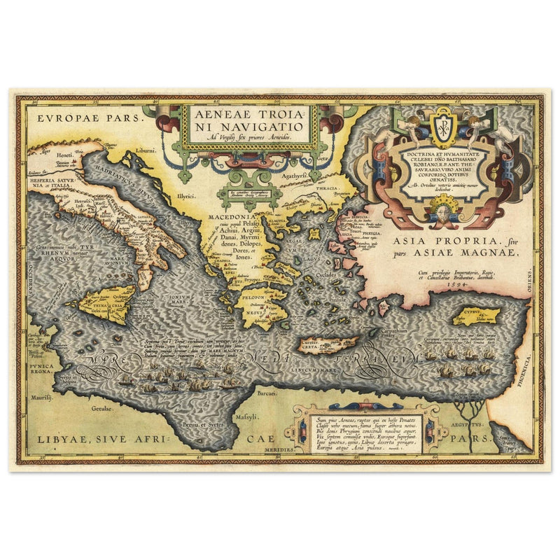 Ancient map of Europe and Asia tracing the sea route to Troy across the Mediterranean sea by Abraham Ortelius