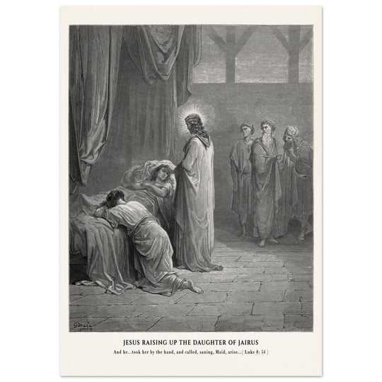 Gustave Dore The Bible engraving print . Jesus raising up the daughter of Jairus miracle .