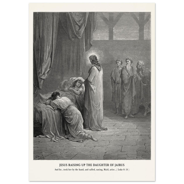 Gustave Dore The Bible engraving print . Jesus raising up the daughter of Jairus miracle .