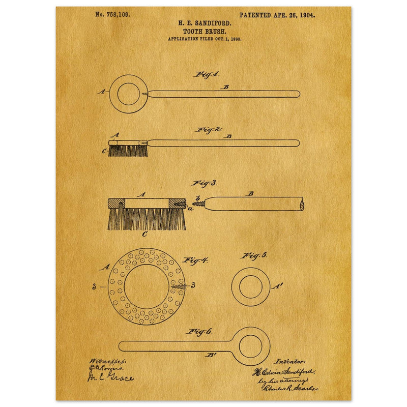 Toothbrush patent illustration by H E Sandiford.