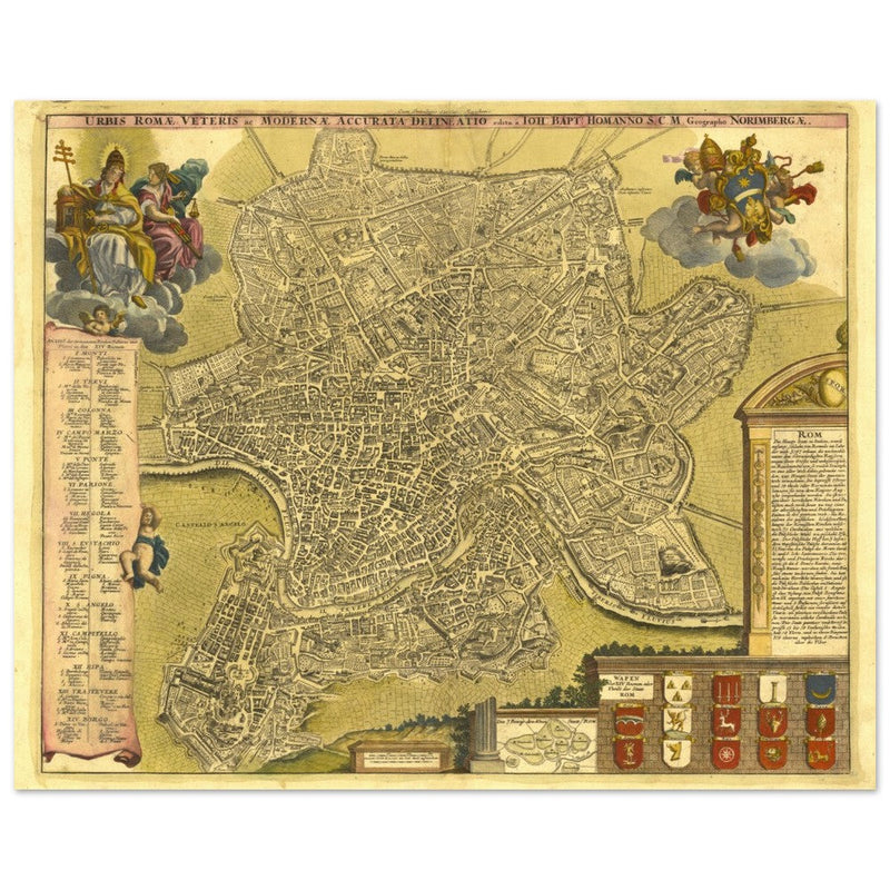 Antique city map of Rome in Italy XVIII Century by Johan Baptiste Homann.