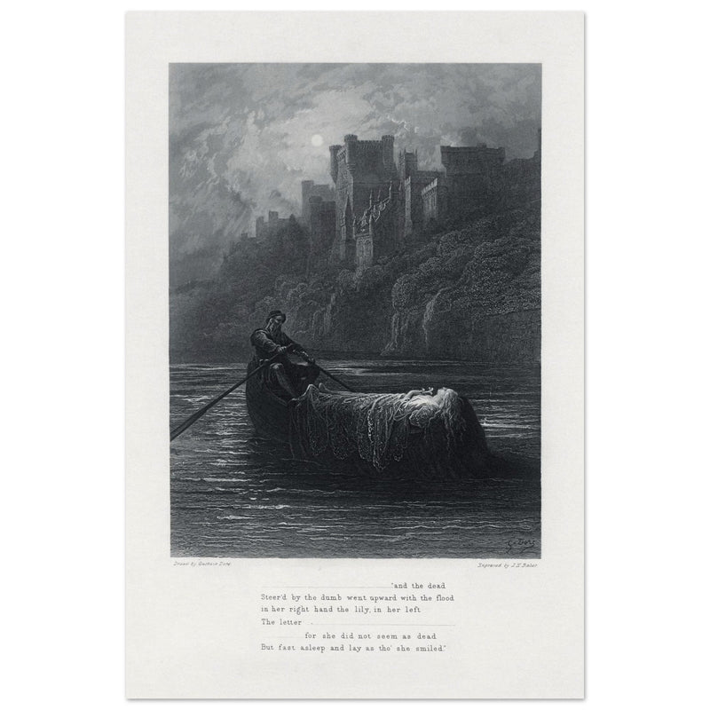 Gustave Dore illustration .The Body of Elaine on its way to King Arthur's Palace. Idylls of the King by Alfred Tennyson.
