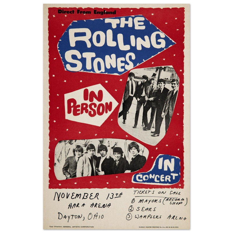 Rolling Stones music concert poster. Performance in Dayton Ohio USA 1964 .