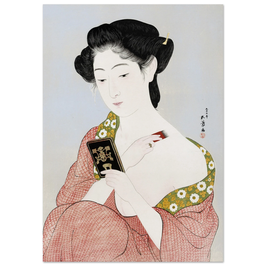 Hashiguchi Goyo woodblock print Make up Japanese woman applying make up and looking at her mirror