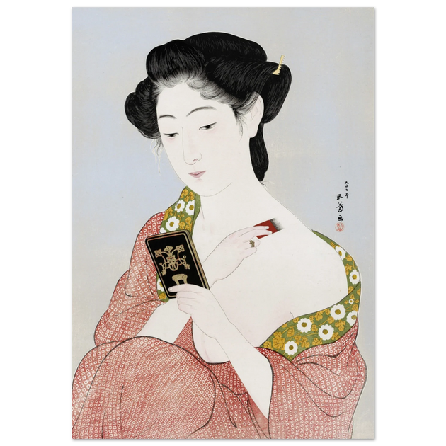 Hashiguchi Goyo woodblock print Make up Japanese woman applying make up and looking at her mirror