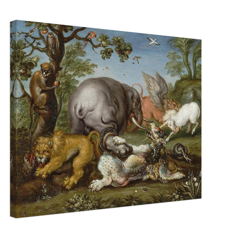 Battle of the beasts painting by Circle of Roelandt Savery  XVII Century.