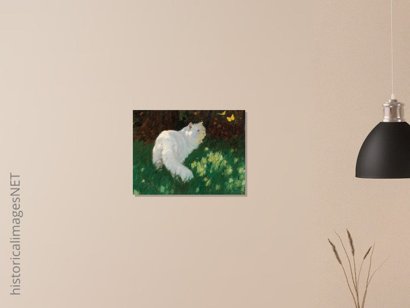 White Cat and Butterflies old painting by Arthur Heyer .