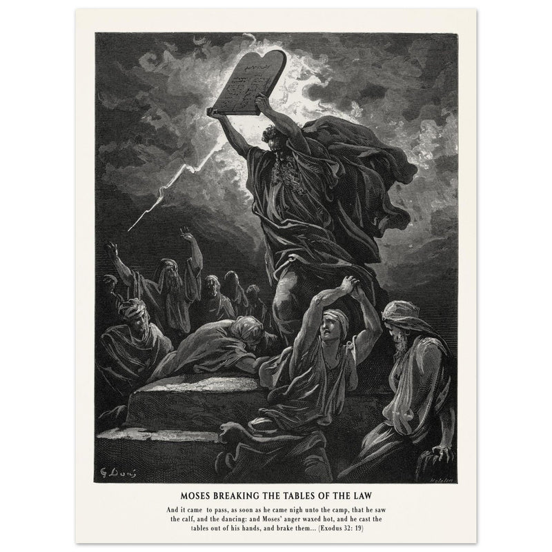 Gustave Dore The Bible engraving print . Moses breaking the Tables of the Law .