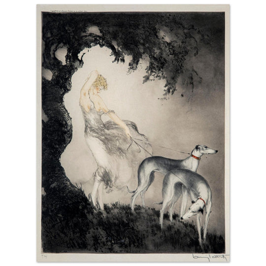 Louis Icart’s Gust of Wind (1925) Woman with her greyhound dogs.