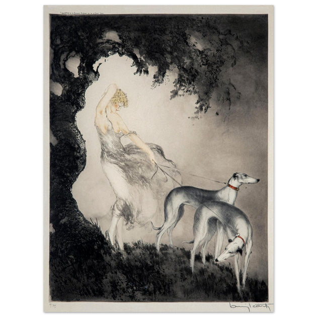 Louis Icart’s Gust of Wind (1925) Woman with her greyhound dogs.