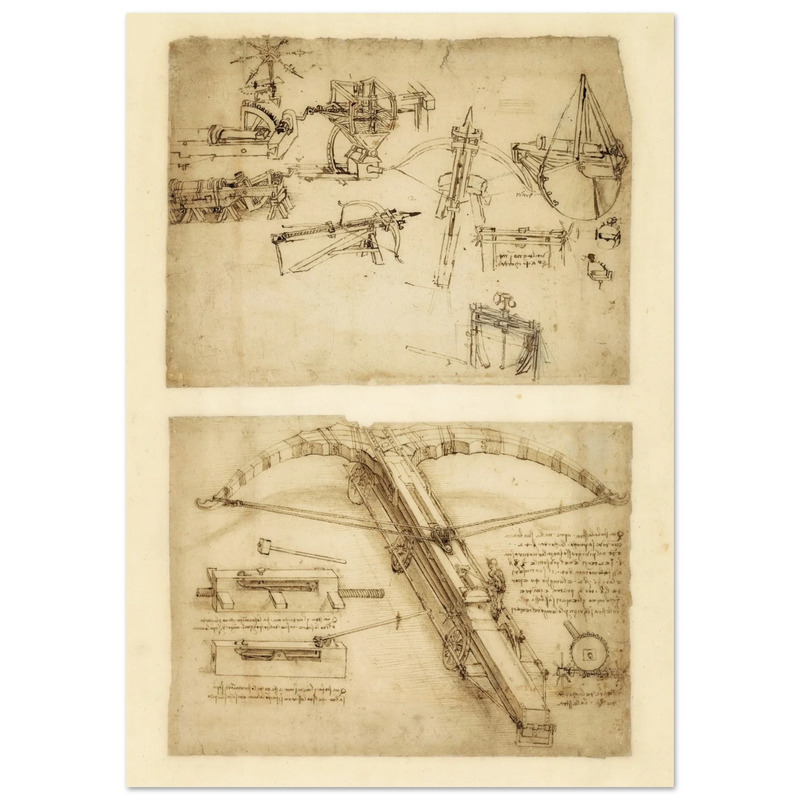 Leonardo da Vinci Atlantic Codex (Codex Atlanticus) Giant crossbow drawing reproduction.