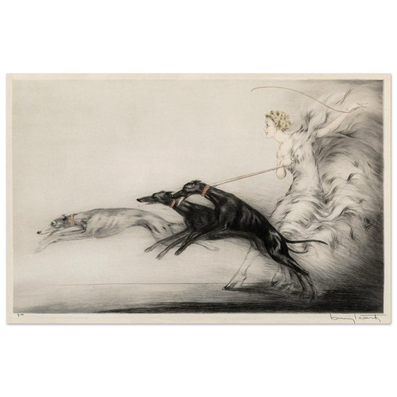 Louis Icart Speed 1927 Woman with greyhound dogs on the leash.