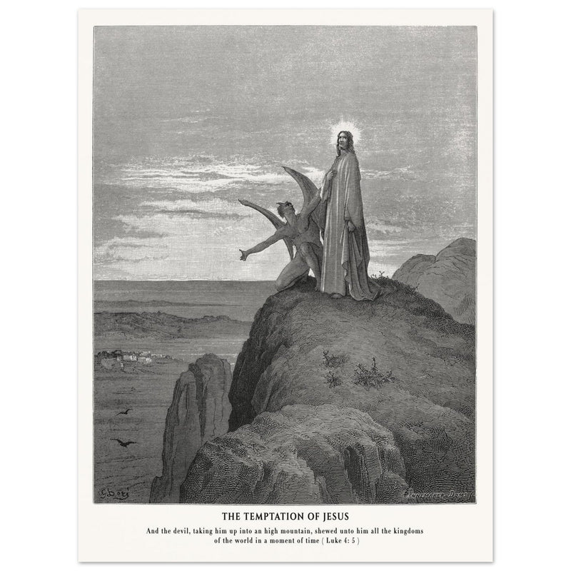 Gustave Dore The Bible engraving print . The temptation of Jesus illustration .