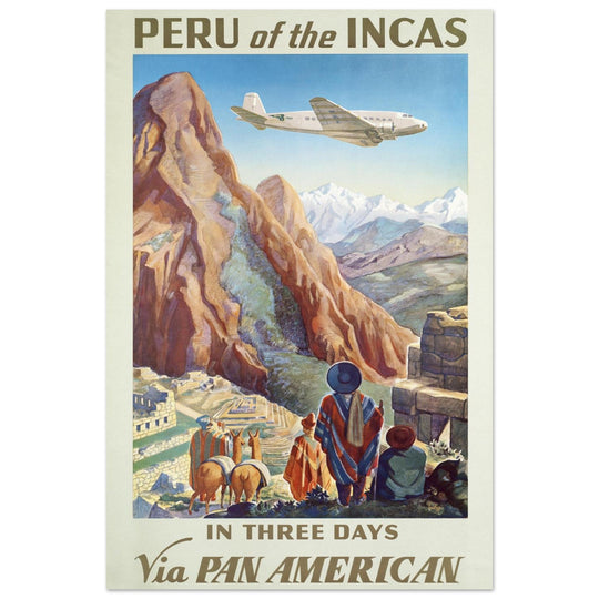 Peru of the Incas vintage travel poster . Pan American Airways travel print