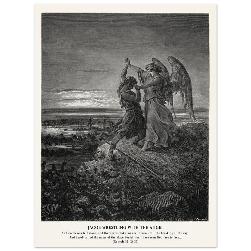 Gustave Dore The Bible engraving print . Jacob wrestling with the angel .