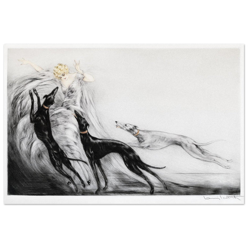 Louis Icart Coursing II - Young Woman with Greyhounds