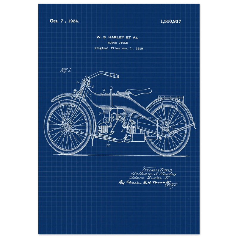Vintage motorcycle patent by William S Harley founder of harley davidson.