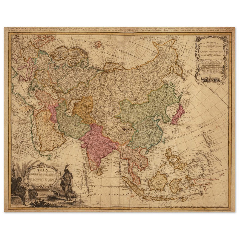 Ancient vintage map of Asia. Beautiful  from an antique asian map of the XVIII century. Art print.