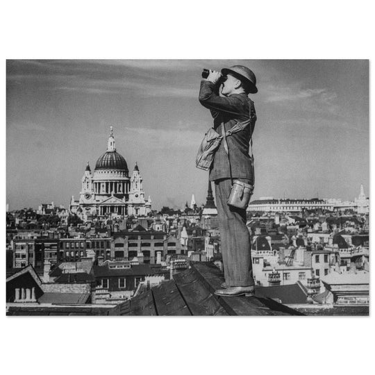 Second World War historic black and white photograph. Aircraft spotter on a roof in London.