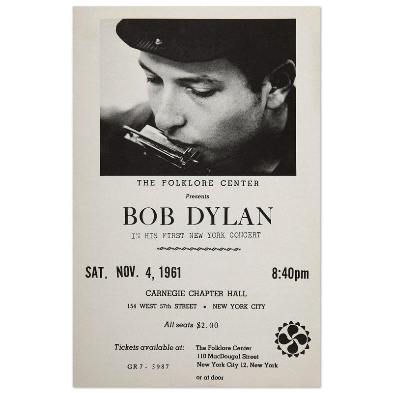 Bob Dylan concert poster in Carnegie Chapter Hall 1961.