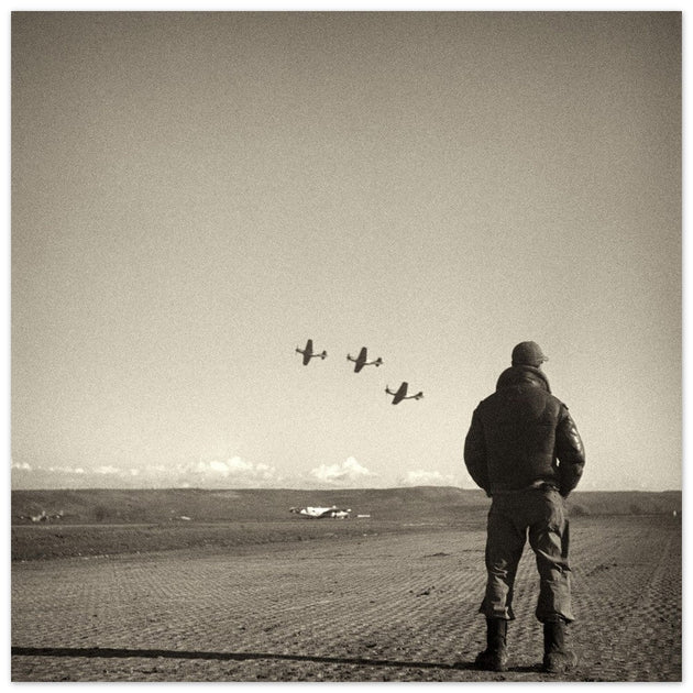 Airman standing in airfield in Italy 1945. Fine art black and white toned print