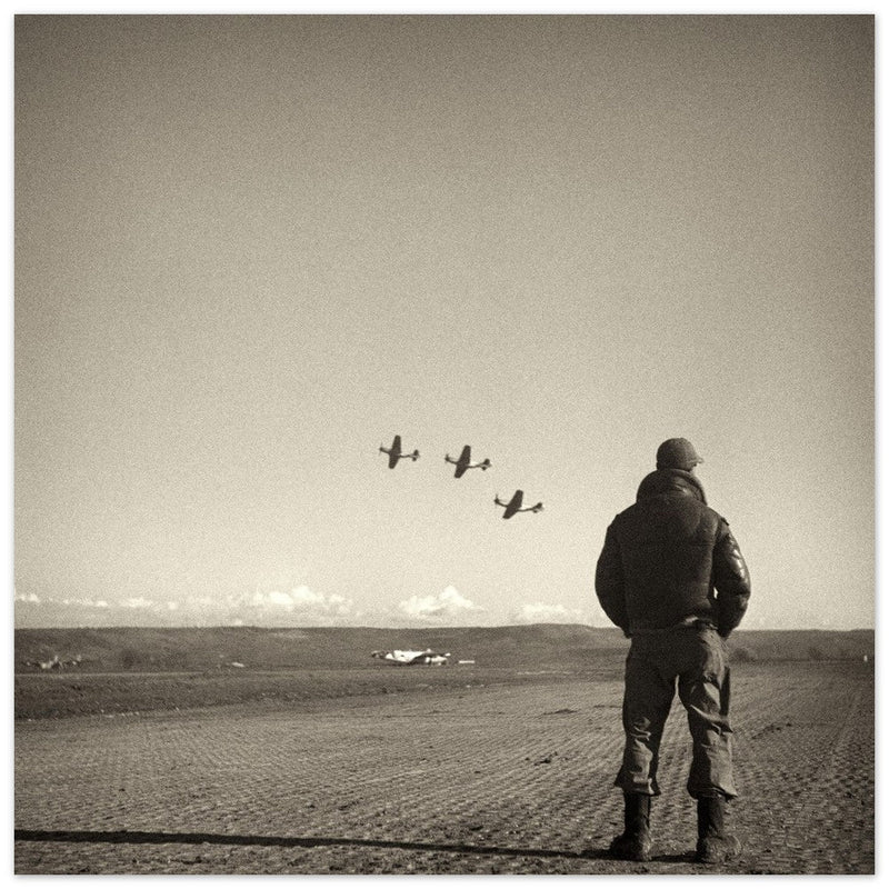 Airman standing in airfield in Italy 1945. Fine art black and white toned print