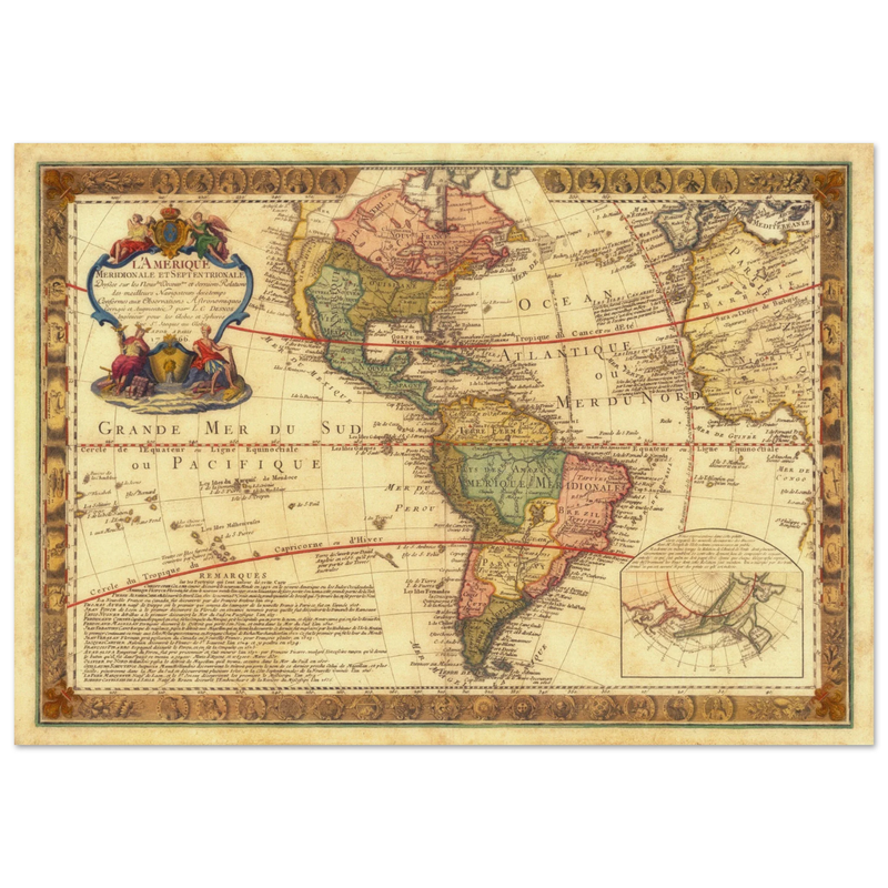 Ancient map of America. Old antique american map of the XVIII Century.  and poster