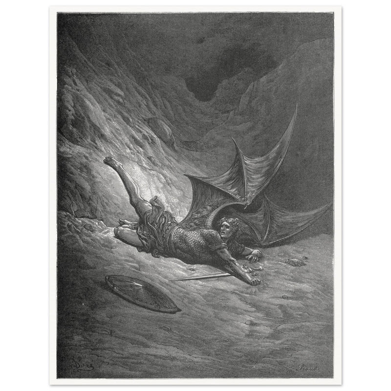 Gustave Dore Paradise Lost engraving . Satan wounded in battle experiences pain for the first time.