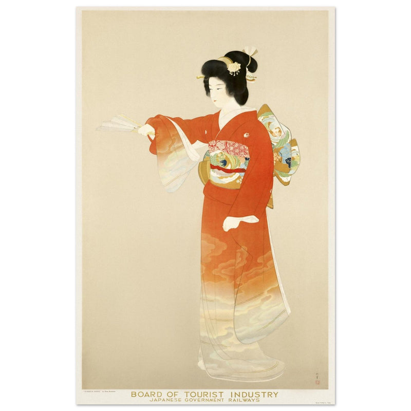 Japan vintage travel advertising poster. Japanese woman print in traditional clothing