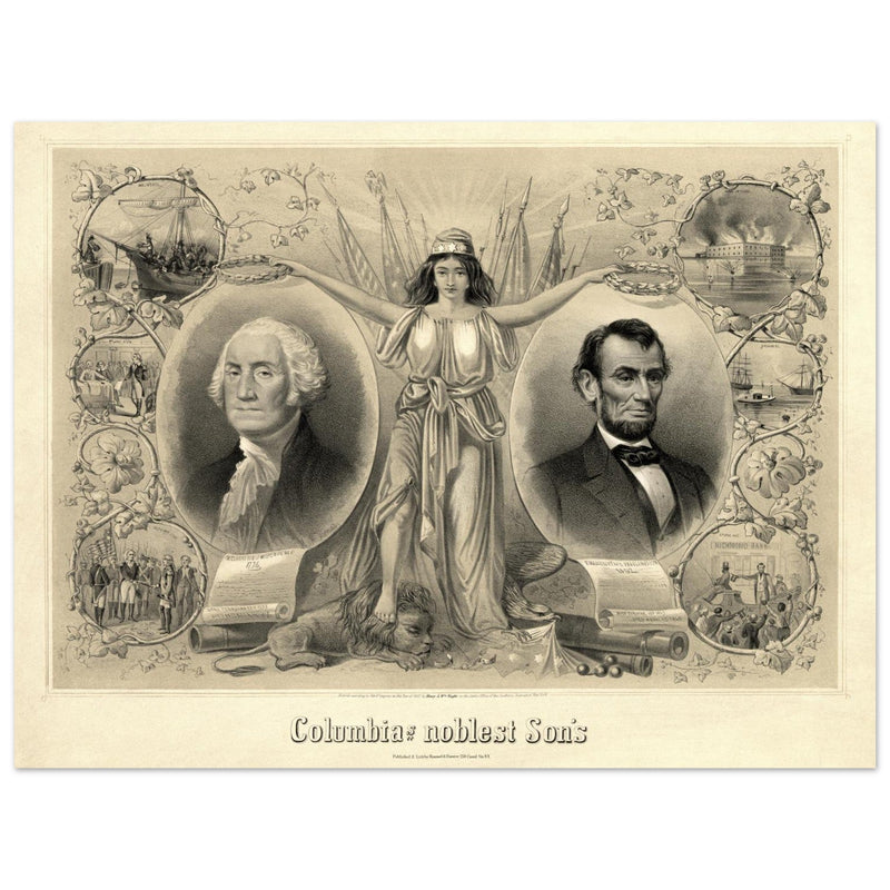 Abraham Lincoln and George Washington. Columbia's noblest sons engraving