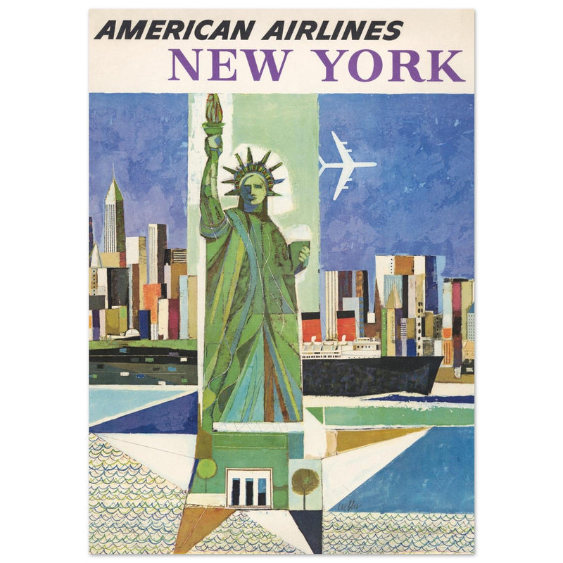 New York City vintage travel advertising poster for American Airlines. Statue of Liberty