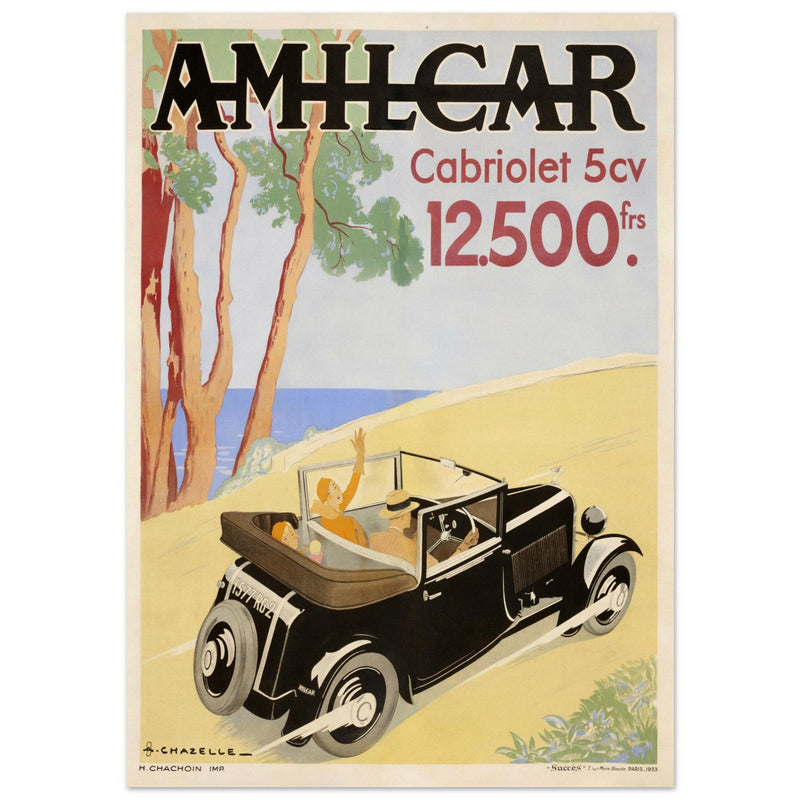 Chazelle advertisng print for Amilcar sports car. Art Nouveau bicycle advertising poster. decoration.