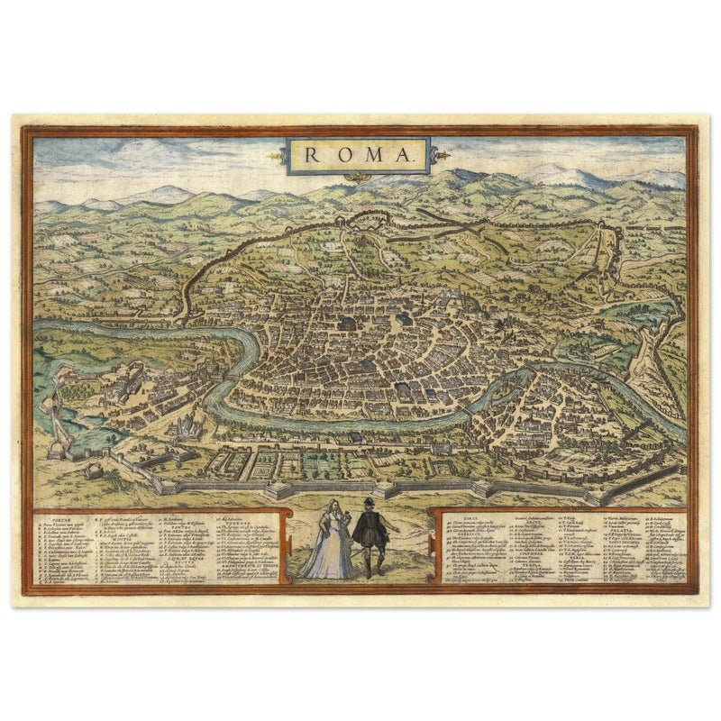 Ancient map of Rome with engravings by Georg Braun and Frans Hogenberg.