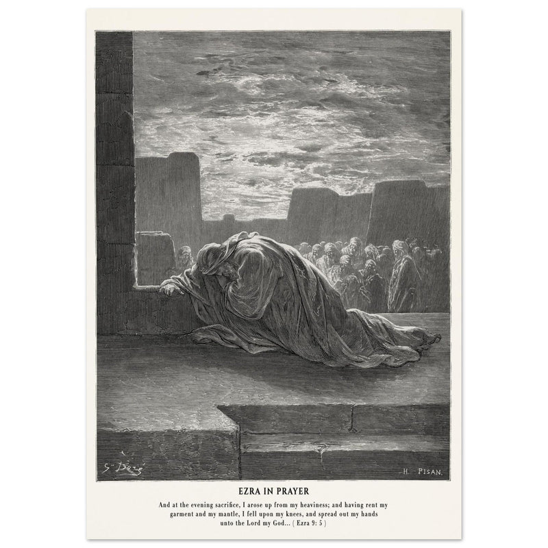 Gustave Dore The Bible engraving print . Ezra in prayer illustration .