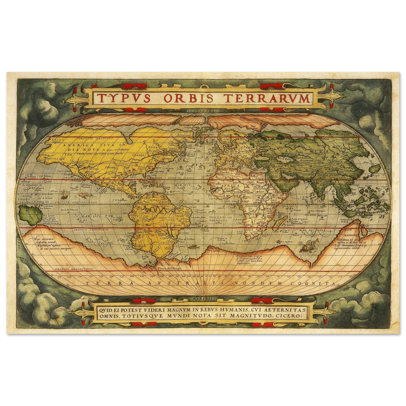 Ancient map reproduction print of a world map of 1579 Typus Orbis Terrarum by Abraham Ortelius.
