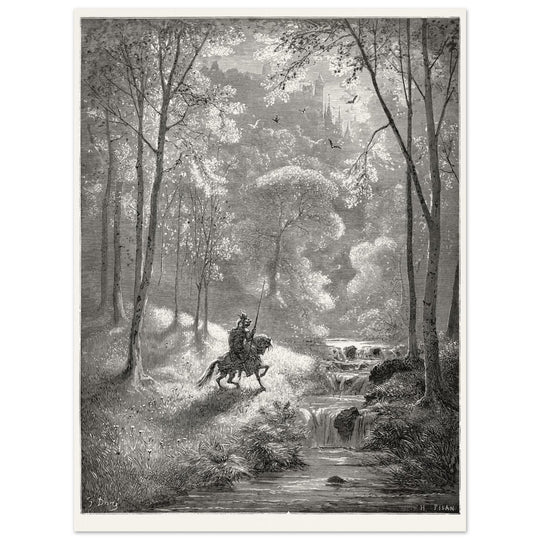 Gustave Dore depiction of knight Don Quixote riding in the countryside in one of his adventures.