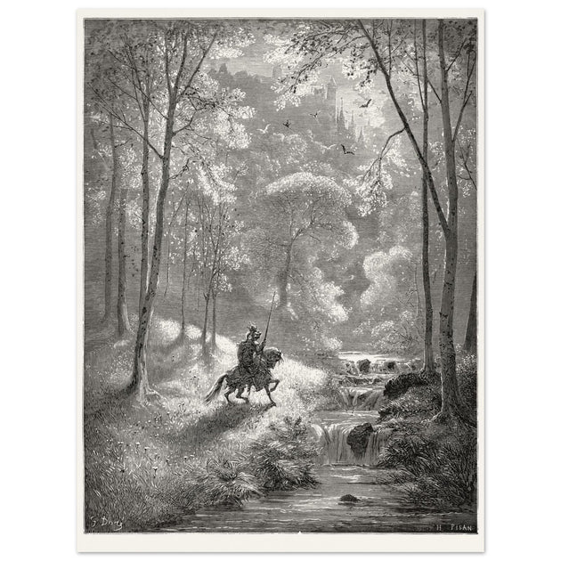 Gustave Dore depiction of knight Don Quixote riding in the countryside in one of his adventures.