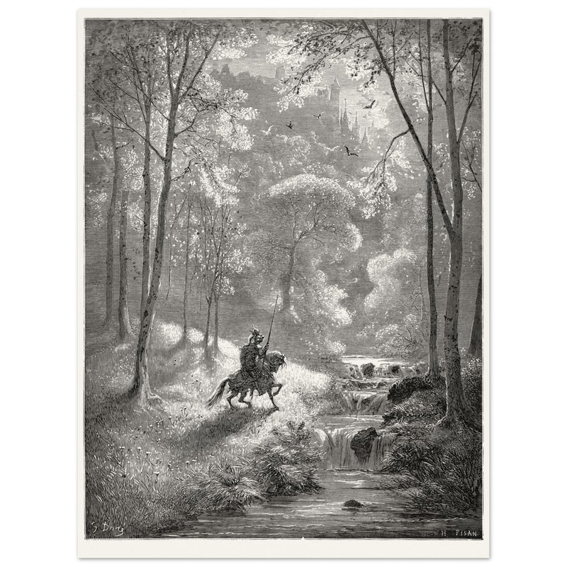 Gustave Dore depiction of knight Don Quixote riding in the countryside in one of his adventures.