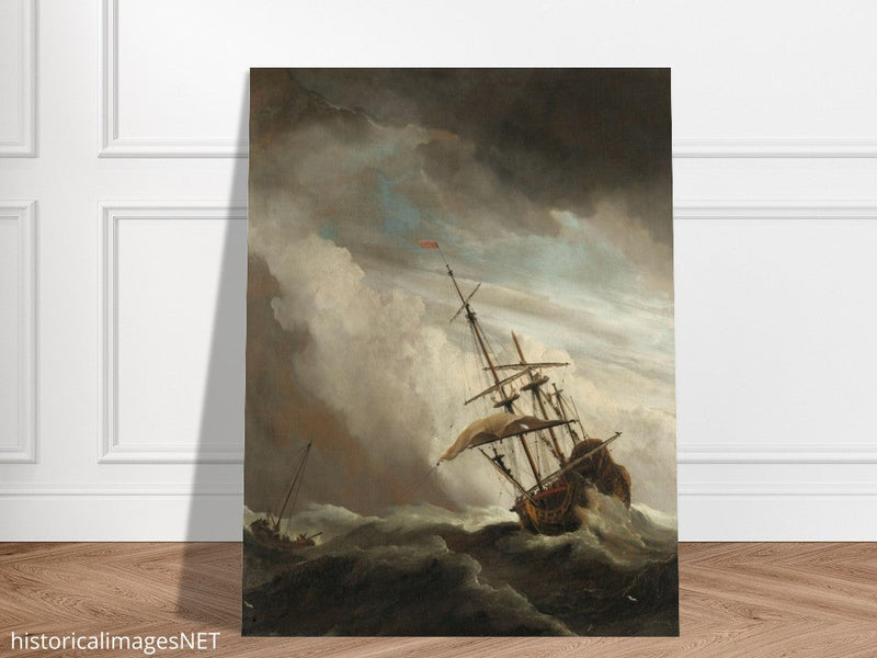 Willem van de Velde A Ship on the High Seas Caught by a Squall, Known as The Gust. Old marine painting. Stormy sea.