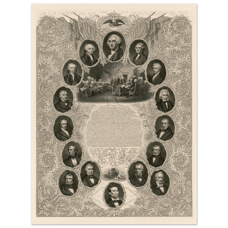 The Declaration of Independence and portraits of the United States  presidents. Walla rt decor