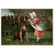 Girl in pink dress and white bonnet with dog vintage illustration poster by Knapp 1892