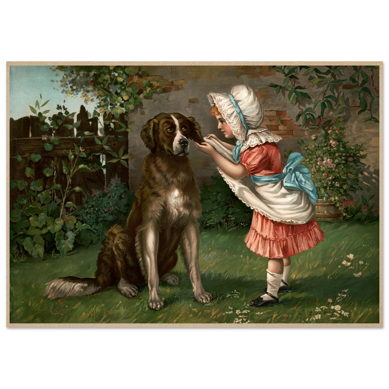 Girl in pink dress and white bonnet with dog vintage illustration poster by Knapp 1892