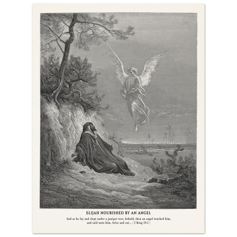 Gustave Dore The Bible engraving print . Elijah nourished by an angel illustration .