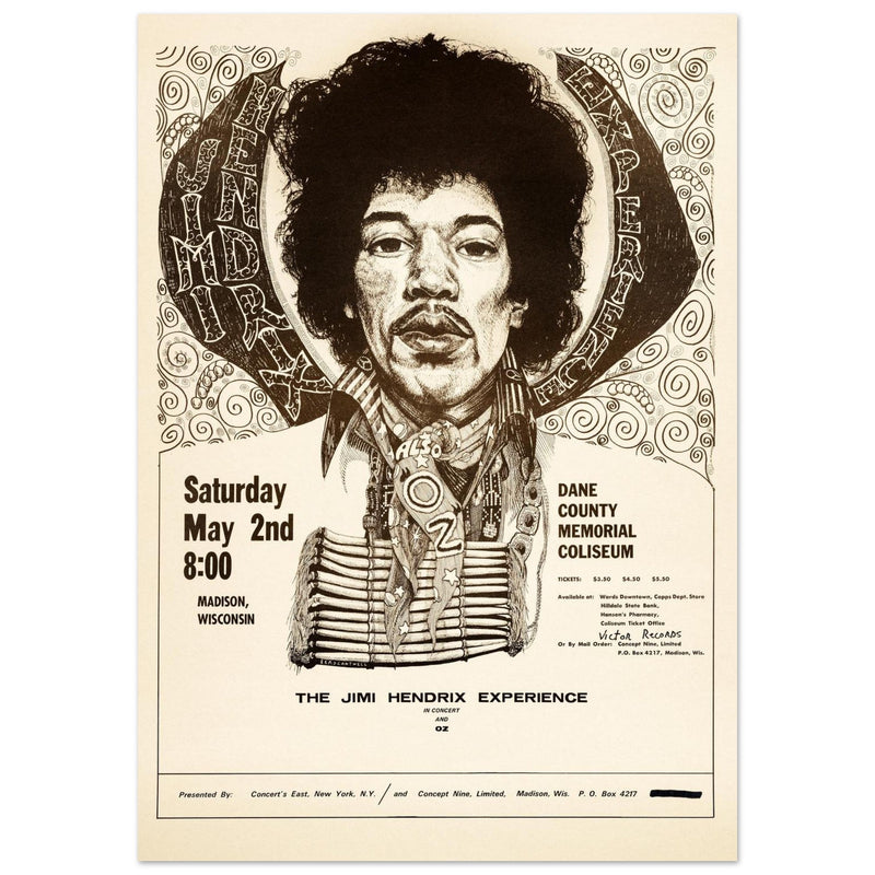 Jimy Hendrix vintage concert poster . Performance in Madison Wisconsin in 1970.
