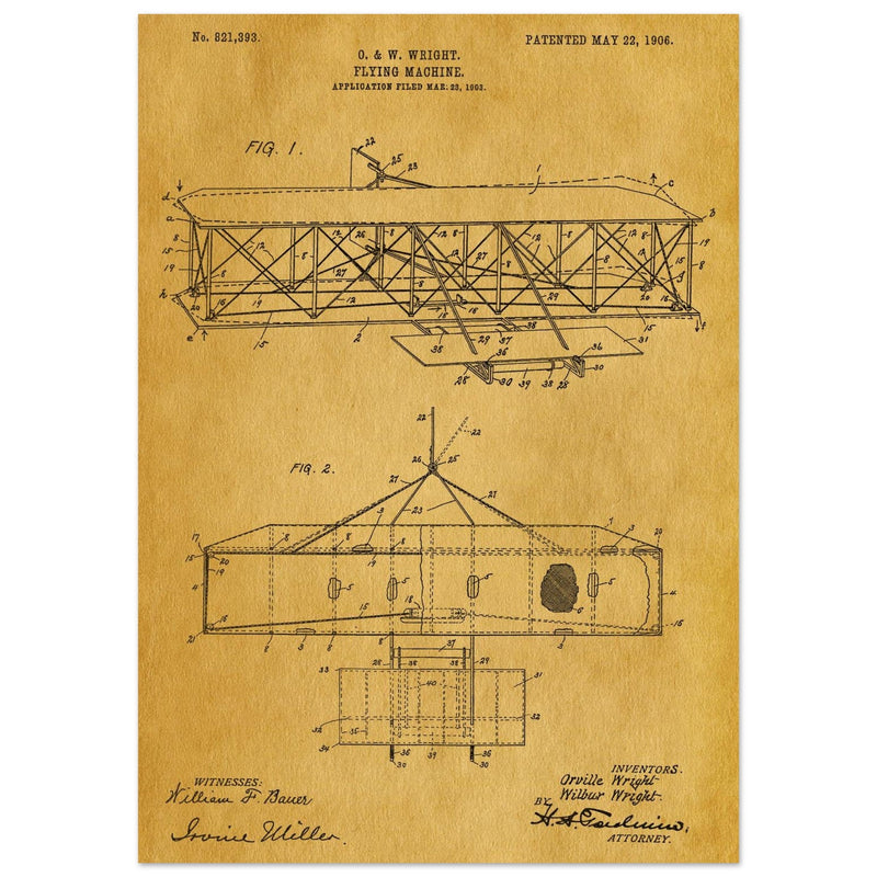 Flying machine patent 1906 by the Wright brothers. Vintage airplane.